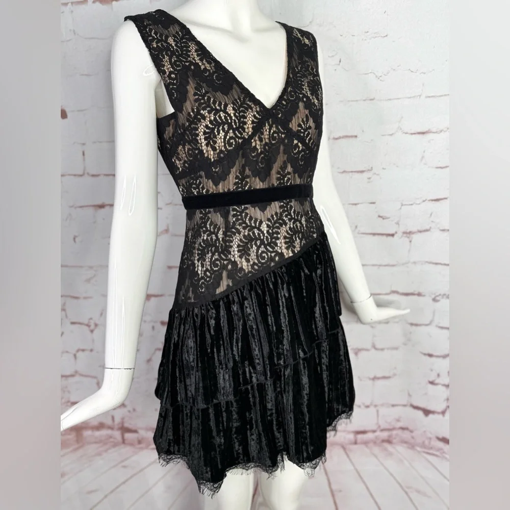 NEW ANTHROPOLOGIE FOXIEDOX Aurora S Black Lace & Velvet Ruffle Dress Size Small - Picture 4 of 15